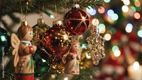 Christmas tree with wooden angels, baubles, snowflake and festive lights