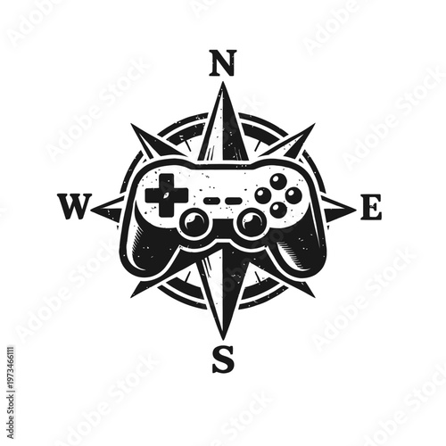 Vintage gaming compass rose design with classic video game controller, symbolizing gamer's journey and adventurous spirit through digital worlds, perfect for all those who navigate virtual realms with