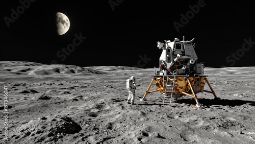 Astronaut Standing Next to Lunar Lander on Moon Surface with Earth in Background