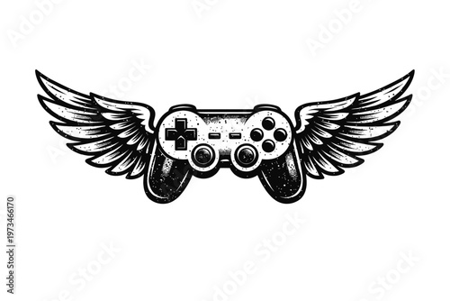 Retro Gaming Controller with Angel Wings Emblem Design, Perfect for Gamers and Enthusiasts. Vintage Style Gamepad with Flying Motif, Ideal for T-Shirts, Posters, and Digital Art. Black and White Distr