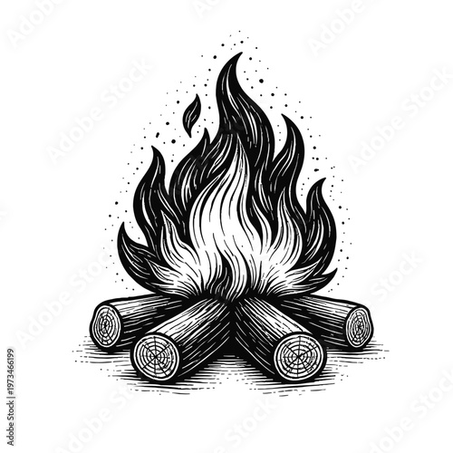 Vintage Woodcut Style Campfire Illustration, featuring meticulously rendered rustic logs and dynamic, stylized black and white flames, radiating warmth and timeless wilderness charm. Perfect for outdo