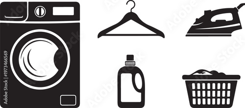 Laundry icons, washing machine, iron, hanger, detergent, basket, black and white