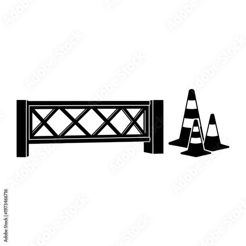 Road barrier and traffic cones in black and white style.