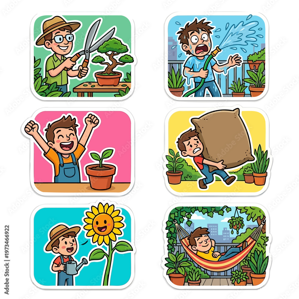 Fototapeta premium Eco-friendly set of six cartoon illustrations showcasing various gardening activities and outdoor scenes featuring men with plants and tools, perfect for educational or promotional use