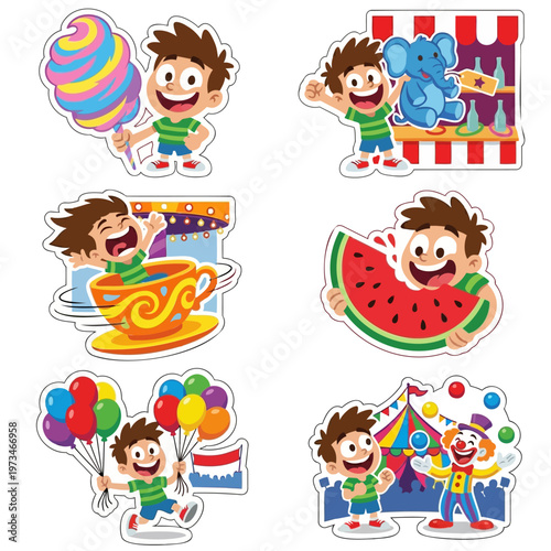 Delightful set of six cartoon style illustrations featuring a young boy happily engaging in summer fun like eating lollipops, holding watermelons, playing with balloons, and tea time