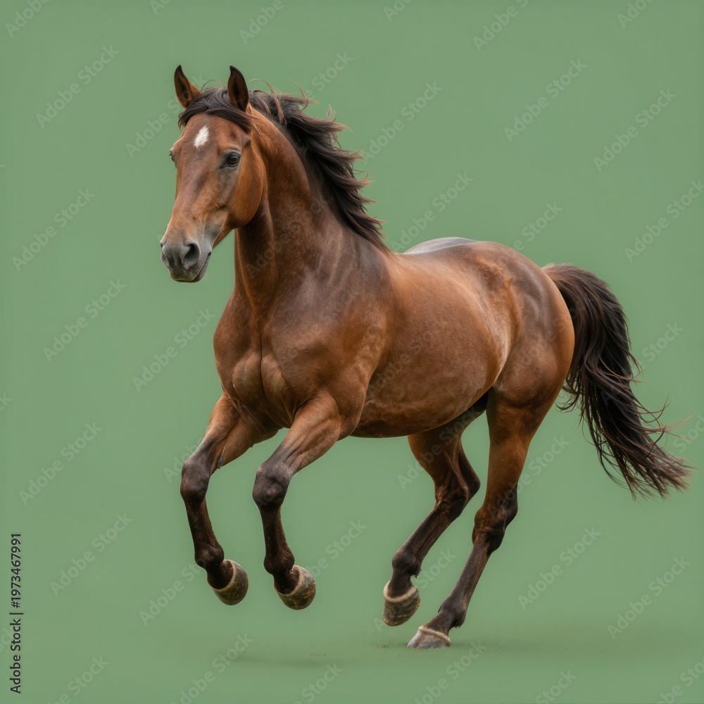 Obraz premium Brown Horse Galloping on Green Background in Motion