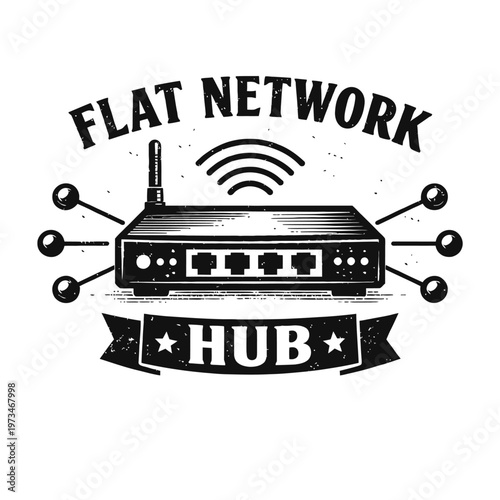 Vintage Flat Network Hub Design with Wi-Fi Antenna and Signal Waves, Illustrating Modern Internet Connectivity & Data Communication Technology in a Retro Distressed Style for IT Enthusiasts & Digital