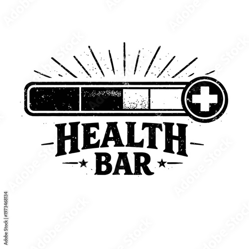 Vintage Grunge Health Bar Design with Medical Cross Icon, Retro Loading Progress Bar Style for Gaming, Wellness, Fitness, and Medical Concepts. Distressed Black and White Vector Graphic. Perfect for T