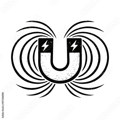 Distressed vintage horseshoe magnet graphic with stylized lightning bolts at its powerful poles, surrounded by dynamic swirling magnetic field lines, rendered in a striking grunge textured black and w