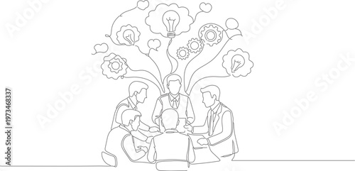 Continuous one line drawing of business team brainstorming with idea light bulb innovation collaboration concept minimalist line art vector illustration