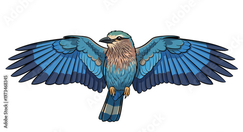 Magnificent European roller bird in full flight, showcasing its striking blue and brown plumage and widespread wings, a vibrant avian spectacle.