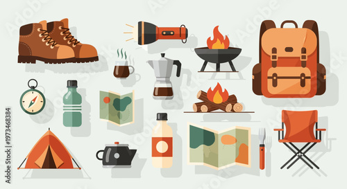 Collection of camping and hiking gear essentials for outdoor adventure.