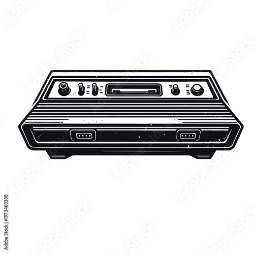 Vintage Retro Gaming Console Illustration: Classic 8-bit video game system art for nostalgic gamers, home tech fans. B&W graphic embodies arcade culture, golden age gaming, pioneering console history.