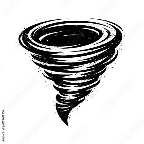 Dynamic Gritty Black and White Stylized Tornado Vortex Illustration, a Powerful Weather Phenomenon Vector Graphic with Distressed Grunge Texture. Ideal for Storm, Disaster, Climate, and Nature Concept