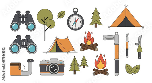 Collection of camping and outdoor adventure essentials for nature exploration.