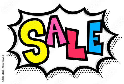 カラフルなSALE文字入りの黒太線のポップなトゲトゲ吹き出し。激安セール告知用。