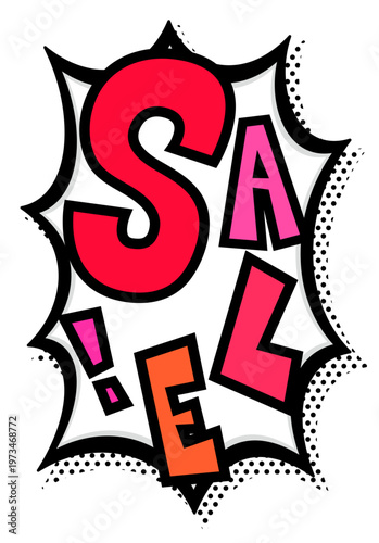赤いSALE!文字と黒太線のポップなトゲトゲ吹き出し。縦長の激安セール告知用。