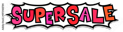 赤いSUPER SALE文字の黒太線のポップなトゲトゲ吹き出し。激安セール告知横長ワイド素材。