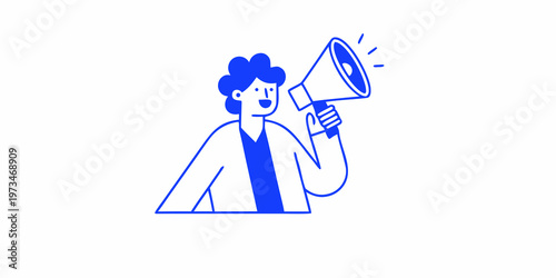 A person with curly hair announces something through a blue megaphone