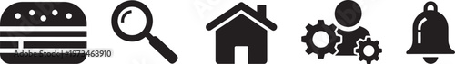 Collection of six minimalist black icons representing food search home settings and notifications