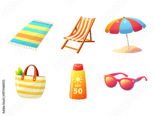 Set of beach accessories including towel, deck chair, umbrella, bag, sunscreen and sunglasses in flat summer style