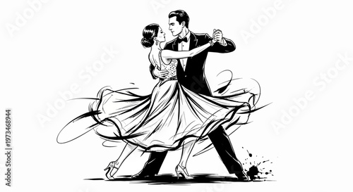 Couple dancing together in elegant formal attire performing a waltz movement