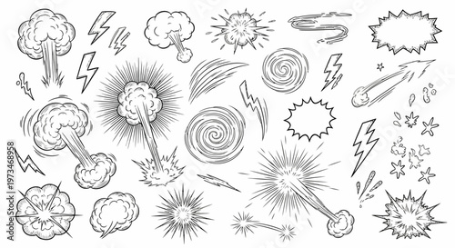 A collection of various explosion and weather icons including lightning, clouds, and comets in a graphic illustration style.