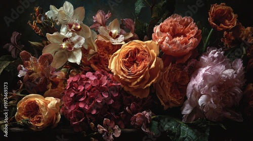 Vintage floral still life with moody roses and peonies, dark baroque flower arrangement, elegant botanical bouquet in dutch master style