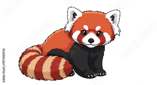 Adorable red panda sits with a sweet expression, showcasing its fluffy red fur and distinctive striped tail, a charming forest dweller.