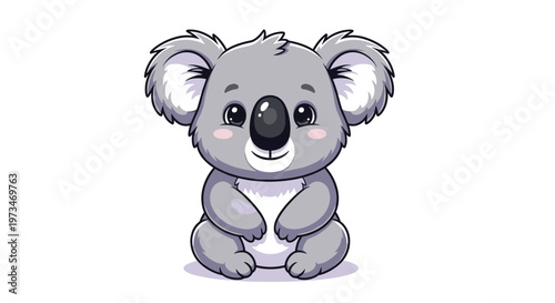 Adorable cartoon koala sits with a sweet expression, showcasing its fluffy grey fur and large round nose, a charming Australian marsupial.
