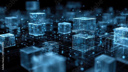 Futuristic blockchain technology concept with glowing blue data cubes, digital information network, abstract 3d rendering of big data storage