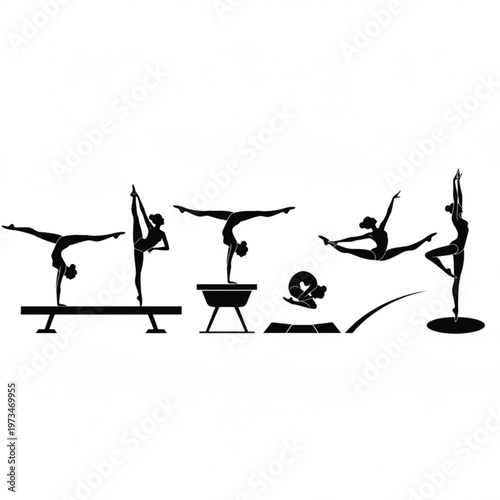 Gymnastics Silhouettes Performing Various Acrobatic Poses on Different Apparatus