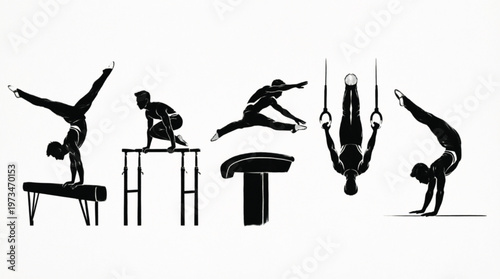 Gymnastics Silhouettes Performing Various Acrobatic Poses on Equipment
