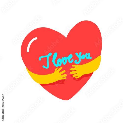 Heart love illustration with hugging hands and “I love you” text on transparent background