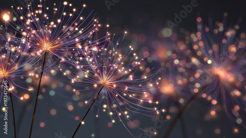 Artistic representation of dandelion seed heads with glowing tips, abstract and ethereal