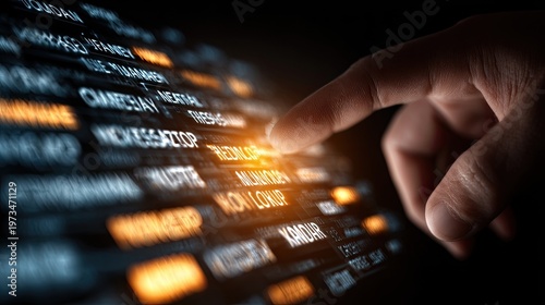 Finger touching a glowing digital interface with blurred words and concepts