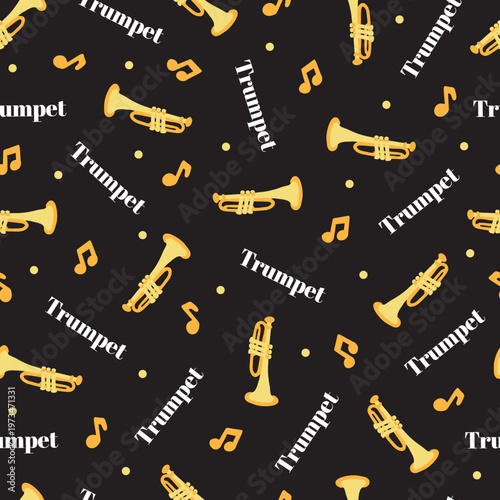 Night Musical Party Trumpets Music Notes Pattern. Seamless vector pattern featuring trumpet silhouettes. A lively and dynamic design perfect for music-themed products, textiles, and artistic decor
