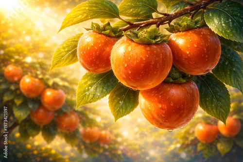 朝日に輝く瑞々しい柿の実と秋の果樹園