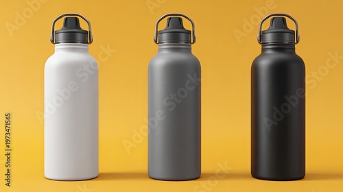 Three insulated water bottles standing on a yellow background, in white, grey, and black