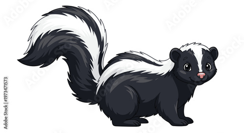 Cute cartoon skunk with a friendly smile, showcasing its iconic black and white striped fur and bushy tail, a charming woodland mammal.