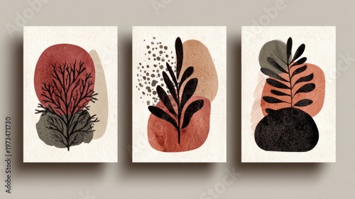 Three artistic abstract paintings featuring organic shapes and botanical elements design