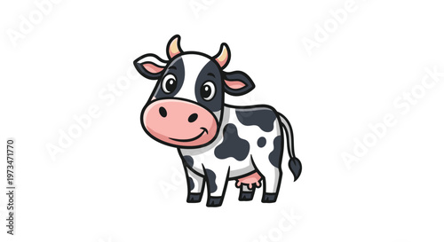 Charming cartoon black and white dairy cow stands gracefully, featuring a friendly expression and prominent udders, ideal for farm-themed designs.