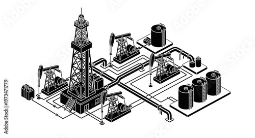 Oil industry extraction rig pumpjacks storage tanks and pipelines.