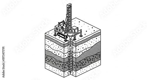 Oil drilling rig cross section showing geological layers.
