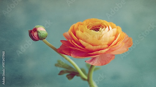 close up shot of a ranunculus flower and bud on teal backdrop