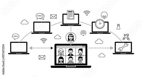 Networked Laptops Showing Remote Team Video Conference.
