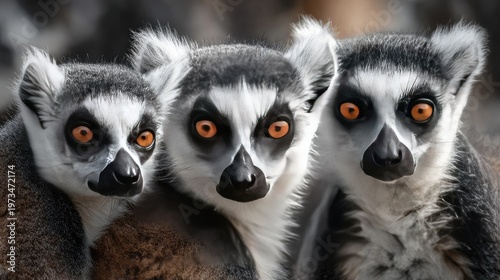 A captivating close up of three Ringtailed Lemurs showing striking eyes