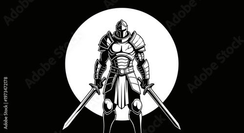 Valiant Knight in Full Armor with Dual Swords Ready for Battle.