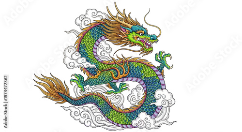 Vibrant Chinese Dragon Illustration with Clouds.