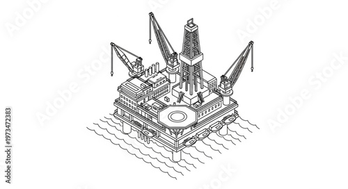 Offshore oil drilling platform with cranes and derrick.
